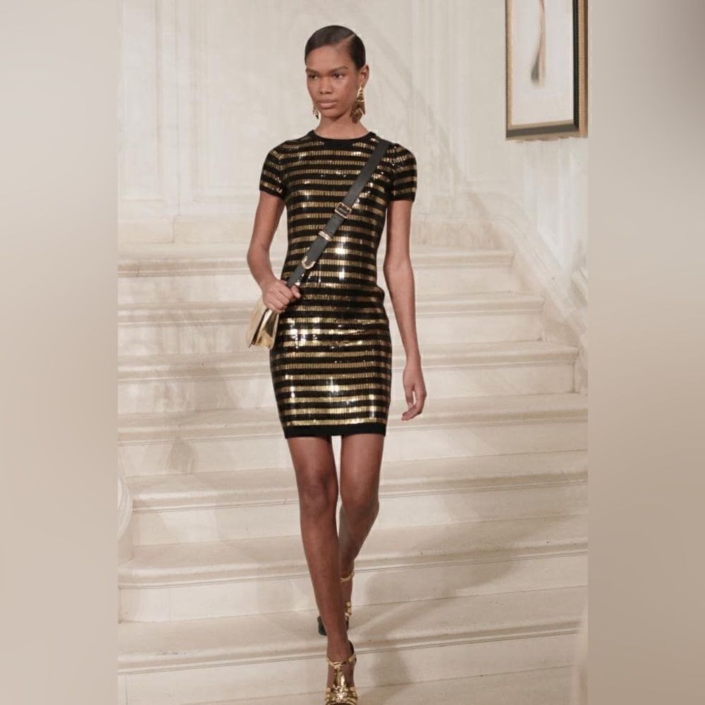 Ralph Lauren Spring 2019 Collection Metallic Gold Sequin Stripe Body Con Dress